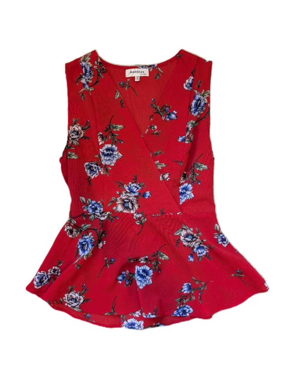 MONTEAU Red Floral Wrap-Front Top | Medium